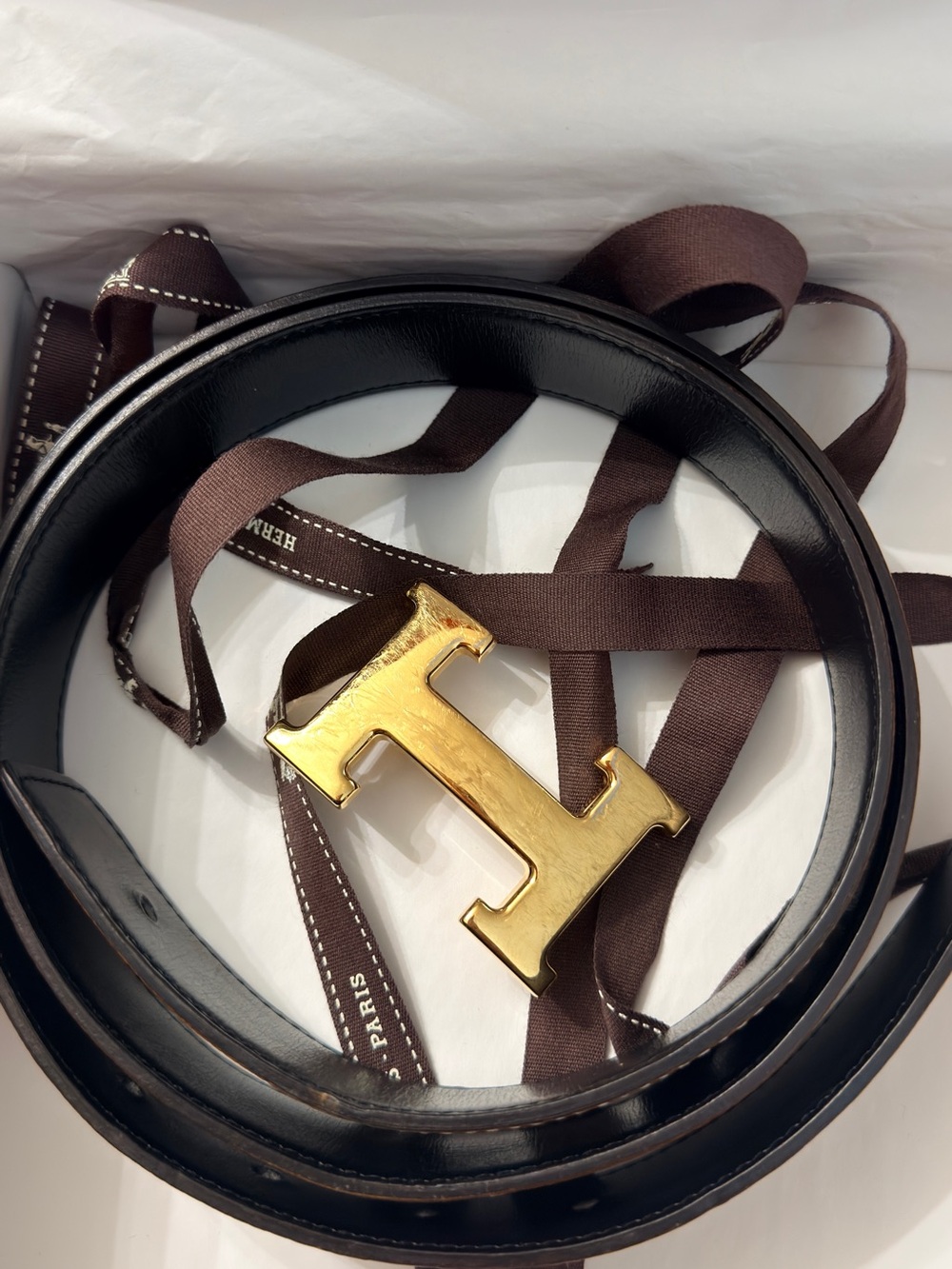 Hermes reversible Black Leather Belt with Gold 'H' Buckle